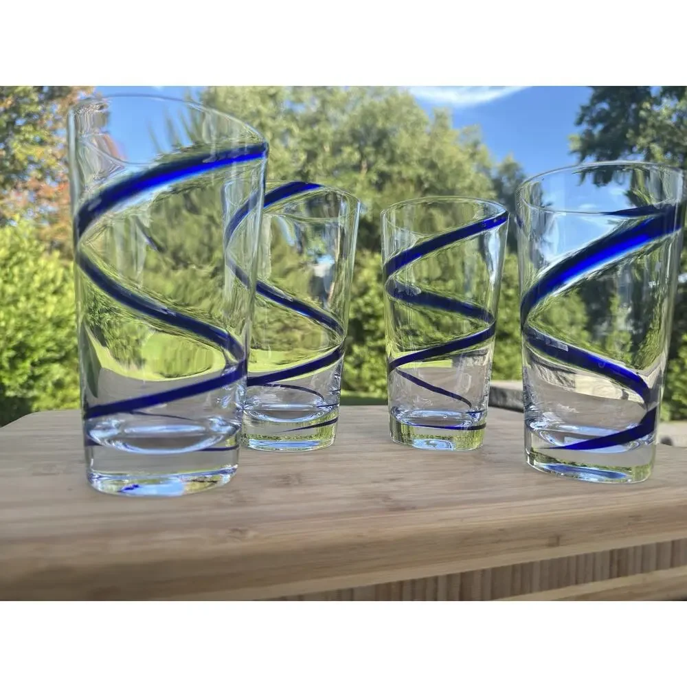 Pier 1 Swirline Cobalt Blue Swirl Glass Highball Tumblers 6-3/8